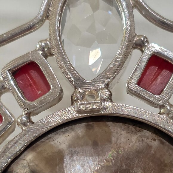 Vintage Ammonite Shell Red Coral Clear Gemstone Handmade Sterling Silver Pendant - Picture 7 of 12